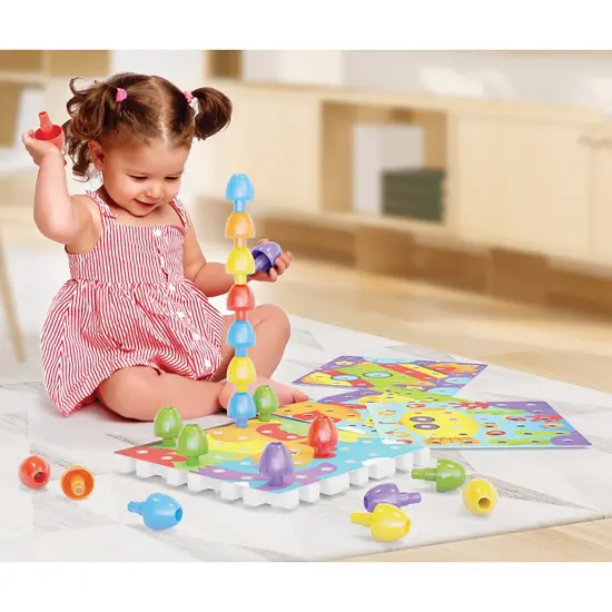 Quercetti: Jumbo Peggy - Creative Pegs Stacking & Color Matching Toy, Illustrated Cards & 9 Linking Boards, Animal & Nature Scenes, Toddler & Kids 2+ {7}