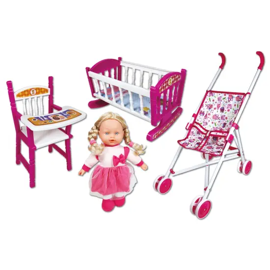 Lissi: 12" Doll Set: Stroller, Bed & Highchair - Blonde Hair - Pink-White-Animal - Feeding-Sleep-Travel Playset, Foldable Design, Kids-Toddlers Age 2+ {1}