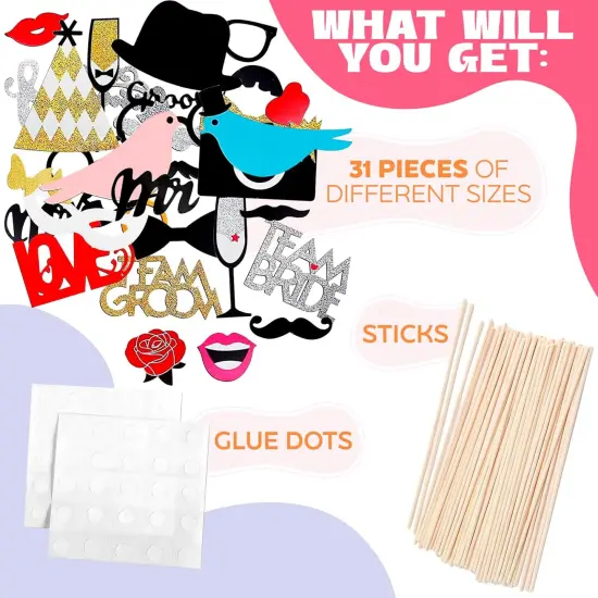 31Pcs Wedding Photo Booth Props &ndash; Funny Photo Booth Accessories with Variety Themes &ndash; Diverse & Vibrant Props for Photobooth, Designed to Elevate Wedding, Birthday & Party Photoshoots {2}