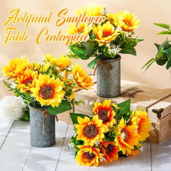 Summer Sunflower Sets &ndash; 6 Sets Artificial Sunflowers in Vintage Metal Pots, Rustic Faux Flower Decor for Tables & Centerpieces {4}