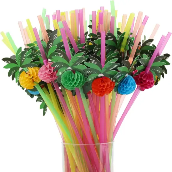 100pcs Coconut Tree Drinking Straws, Disposable Honeycomb Plastic Straws, Tropical Hawaiian Beach Cocktail Pool Luau Party Decorations Supplies {1}