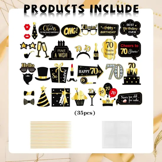 70th Birthday Photo Booth Props, Women Men 70th Birthday Photoshoot Funny Birthday Party Photography Props Favor 70 Years Old Centerpiece Sticks Decorations Black & Gold 35 PCS {2}