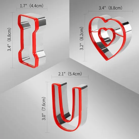 Valentine's Cookie Cutter Set 3 Heart & "I Love U" Shapes Cookie Cutters Stainless Steel Red {1}