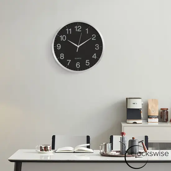 Clockswise Round Quartz Wall Clock Non-Ticking Battery Operated with Silent Sweep Movement, Aluminum Silver Frame, Perfect for Home Kitchen Office Living Room Study Hallway Classroom, Black Face {10}