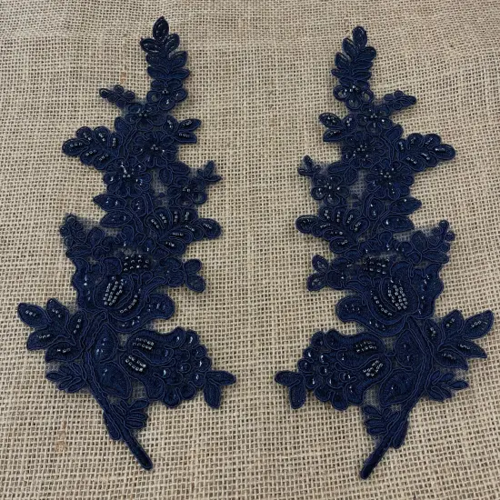 1 Pair Beaded & Corded Floral Lace Applique 100% Polyester Net Mesh 12" X 3.5" Each Side Navy Color {1}