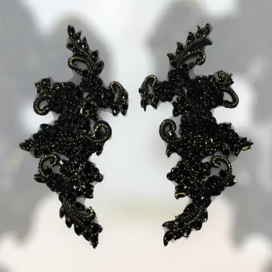 1 Pair Crystal Rhinestone Beaded & Corded Lace 100% Polyester, 12" x 5" Each Side Black / Gold {1}