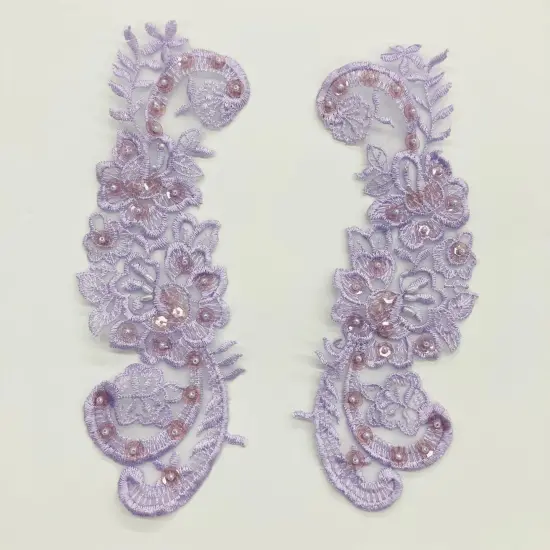 1 Pair Beaded Lace Applique Embroidered on 100% Polyester Organza 9" x 3" Each Side Gold {5}