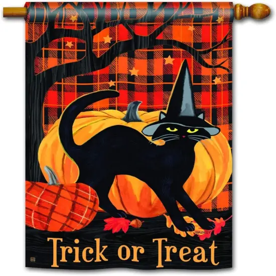 Witch Hat Cat Halloween Banner 2 Sided Vertical House Flag {1}