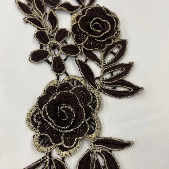 1 Pair 3D Floral Lace Applique Embroidered on 100% Polyester Net Mesh 14" x 5" Each Side Red/gold {6}