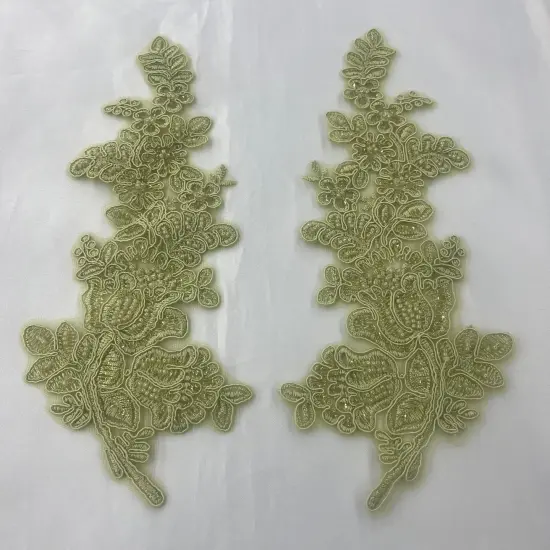 1 Pair Beaded & Corded Floral Lace Applique 100% Polyester Net Mesh 12" X 3.5" Each Side Sage Color {1}
