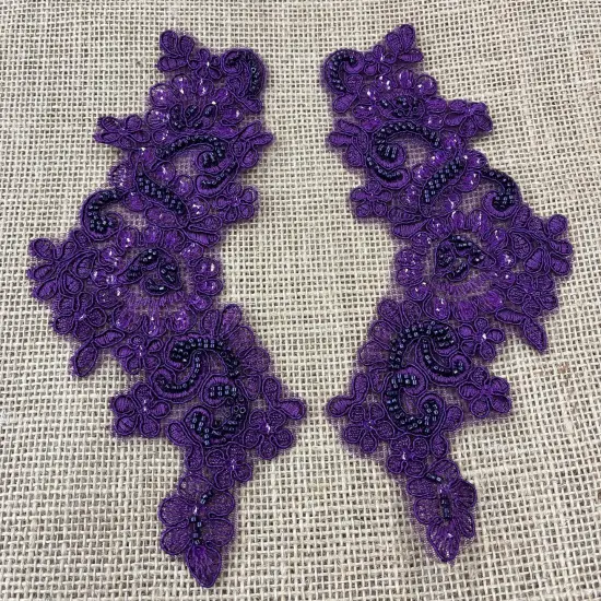 1 Pair 9" x 3" Each Side Beaded & Corded Floral Lace Applique Organza Purple {1}