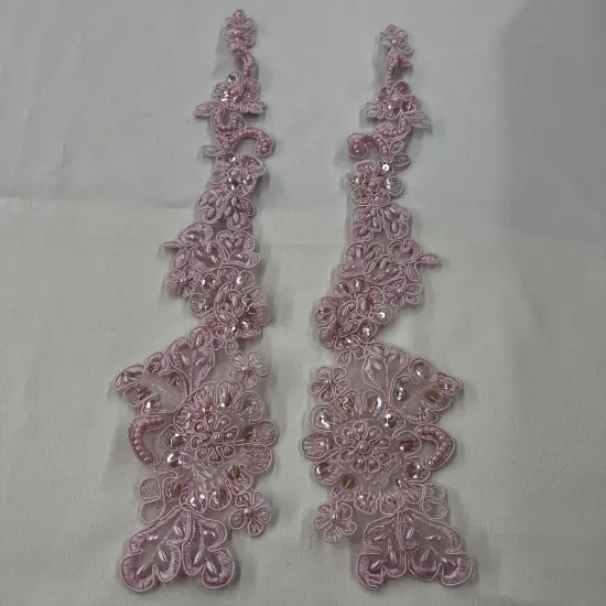 1 Pair 12" x 3" Each Side Beaded & Corded Floral Lace Applique 100% Polyester Organza Pink {1}