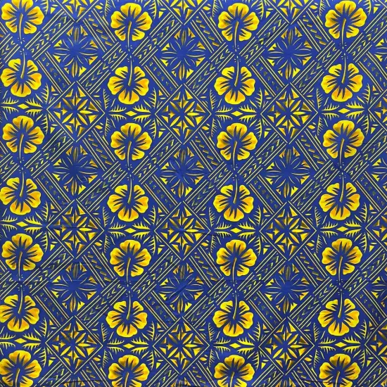 1 Yard Traditional Tapa Hibiscus Fabric 100% Cotton, 36" L x 45" W Yellow & Purple {4}