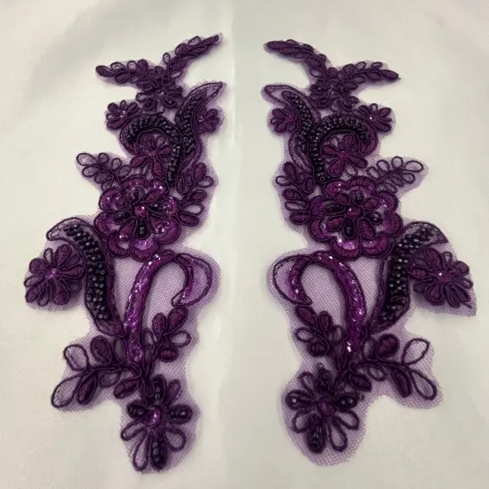 1 Pair Beaded & Corded Floral Lace Applique 9" x 2.5" Each Side Purple {1}
