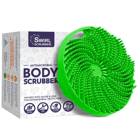 Swirl Scrubber: Antimicrobial Silicone Body Scrubber - Green - Shower Hanger & Sticker, Lymphatic Support, Deep Exfoliation-Cleansing, Family Hygiene {1}