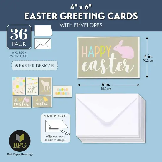 Happy Easter Blank Greeting Cards with Envelopes, 6 Designs (4x6 In, 36 Pack) Multicolor {2}