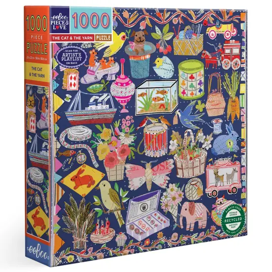 eeBoo Piece & Love: The Cat & The Yarn - 1000 Piece Puzzle - Adult Square Jigsaw, 23"x 23", Includes Image Reference Insert, Glossy High-Quality Piece {1}