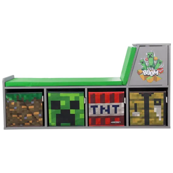 Minecraft: Storage Bench - Wooden Storage w/ Cushioned Reading Shelf, 4 Themed Storage Cubes, Seating & Organization In 1, Game Theme D&eacute;cor, Licensed {4}