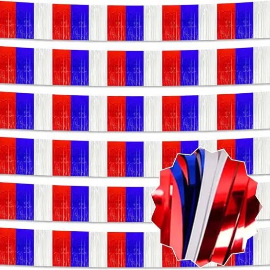 6 Pack 10 Ft White Blue Red Foil Fringe Garland Metallic Streamers Tinsel Banner Wall Hanging Garland Backdrop for Parade Floats, Halloween, Christmas, Thanksgiving, New Year Party Decorations {1}