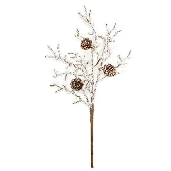 Frozen Twigs Pine Pick 14" Decorative Winter Floral Branch with Pinecones {1}