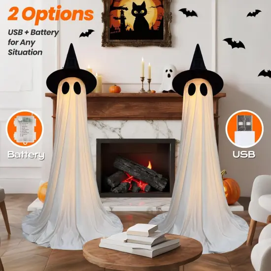 2 Packs Halloween Decorations Outdoor Indoor, 5Ft Wind-Resistant Ghost Decor with USB String Lights {5}