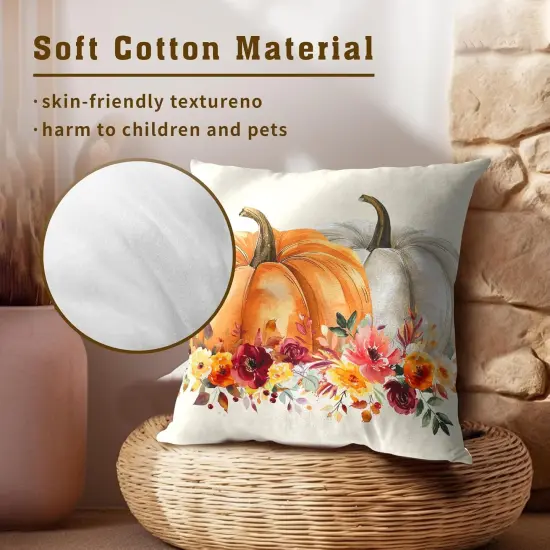 2 Pack of Orange White Pumpkin Flower Leaf Throw Pillow Cover 18x18 Inch {5}