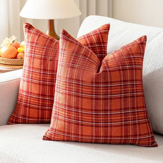Set of 2 Burnt Orange Fall Tartan Plaid Throw Pillow Covers 20 x 20 {1}