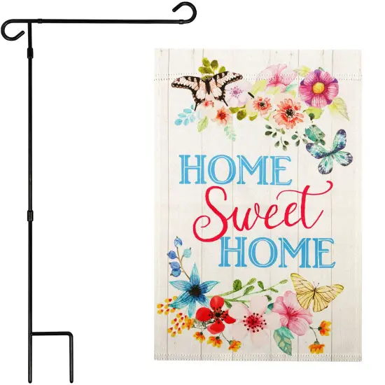 G128 Combo Pack: Garden Flag Stand 36x16IN & Garden Flag Home Sweet Home Butterflies Printed 12x18IN Double Sided {1}