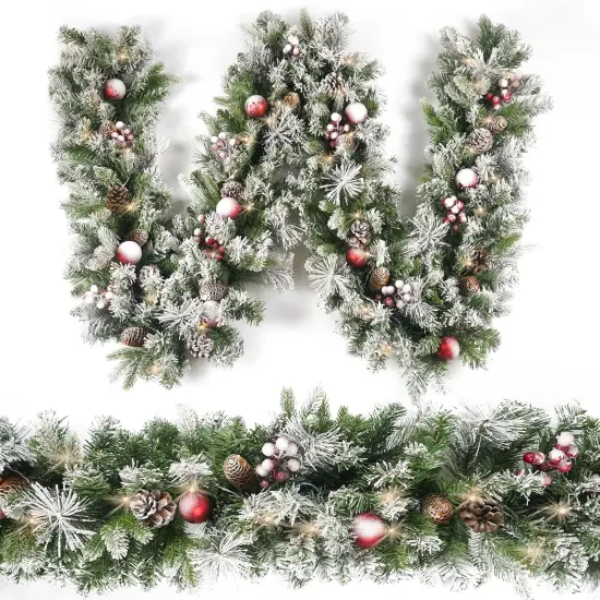 Christmas Garland Flocked 9ft with 50 Lights, Christmas Decor with Pine Cone Red Balls {6}