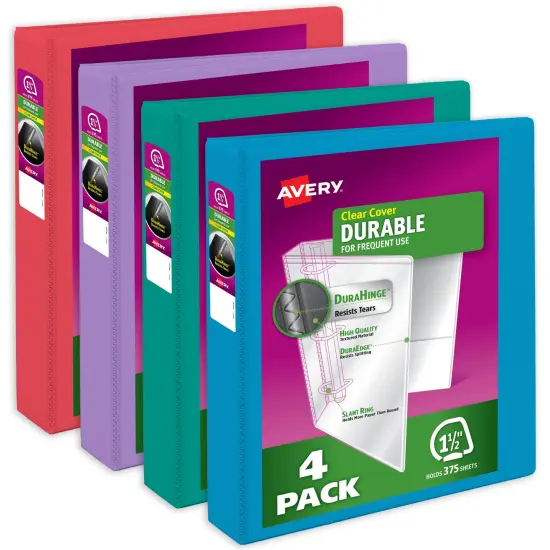 Avery Durable View 3 Ring Binders, 1.5 Inch Slant Rings, 375-Sheet Capacity, DuraHinge, 2.1 Inch Wide Spine, Customizable Clear Covers and Spine, Assorted Bright Colors (4-Pack of 05687) {1}