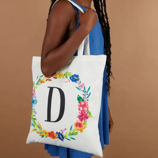 Set of 2 Reusable Monogram Letter D Personalized Canvas Tote Bags for Women, Floral Design (29 Inches) White {3}