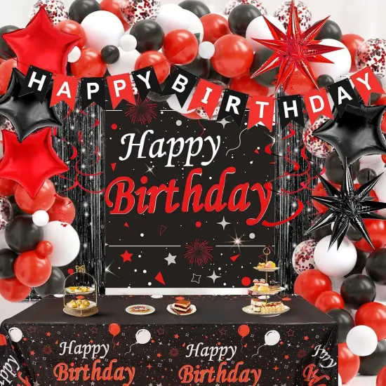 77PCS Red and Black Birthday Decorations for Women Men, Happy Birthday Banner Tablecloth Background Party Supplies, Confetti Star Red Black White Balloons Arch Kit Party Decorations {1}