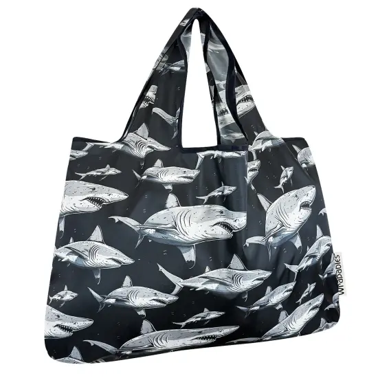 Wrapables Large Foldable Tote Nylon Reusable Grocery Bags, Sharks in Black {1}