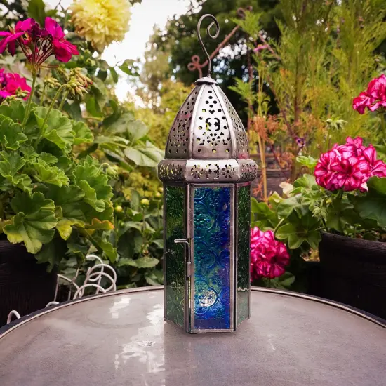 In the Breeze 9212 — Blue & Green Large Hex Tealight Lantern — Moroccan-Style Boho Chic Tealight Glass and Metal Tabletop Lantern {2}