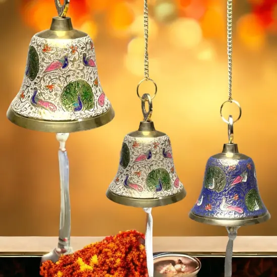Antique Brass Hanging Bells with Chain for Temple Pooja Room Mandir Decor Peacock Print Small Hanging Bell - 4.75x4 inch Puja Ghanti for Housewarming Gift (Chain Length With Hook 12 Inches) White {3}