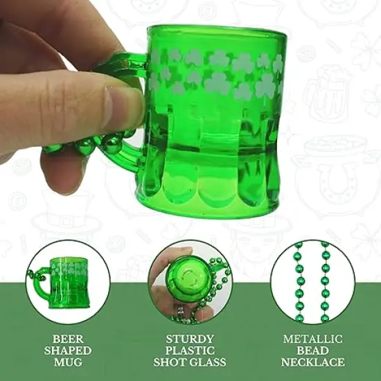 4E's Novelty St Patricks Day Beads Necklace With Shot Glasses Beer Mug Pack of 12 &ndash; Green Irish Gifts Party Favors Supplies, Costume Accessories (Transparent Green With Shamrock) {4}