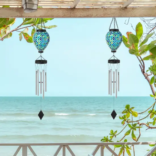 Set of 2 37"H Solar Lighted Metal and Glass Mosaic Windchime 2pcs-Multicolor {7}