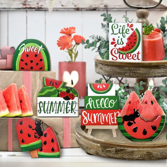 Summer Tiered Tabletop Decor, Red Green Watermelon Tray Decorations, Hello Summer Sweet Popsicle Ant Wooden Signs, Farmhouse Rustic Decorations for Home Table Shelf Mantel Party {3}