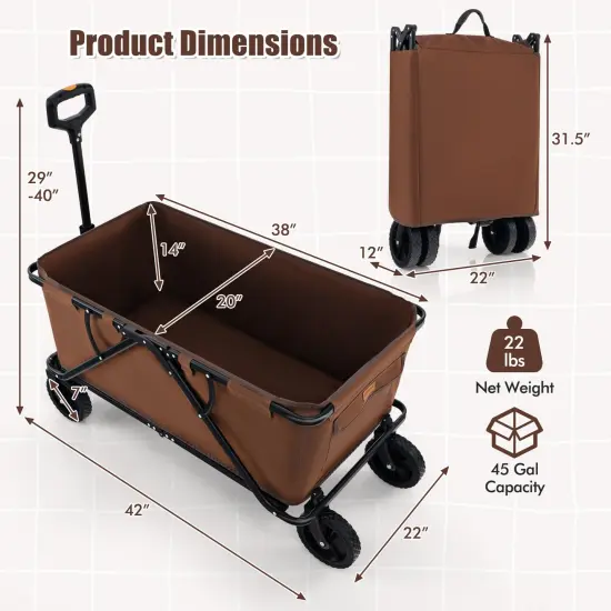 Metal Folding Utility Wagon Cart with Adjustable Handle and Wheels Coffee {5}