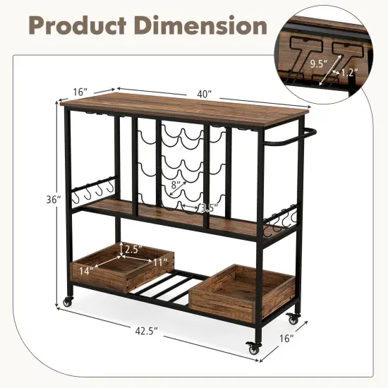 3 Tiers Bar Cart on Wheels with Glass Racks Rustic Brown {5}