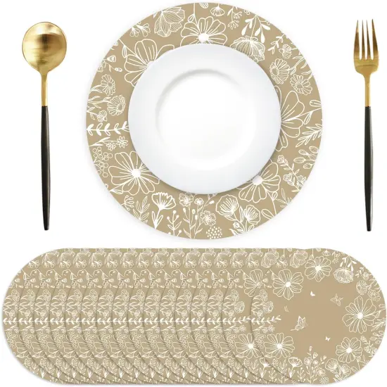 Paper Placemats Disposable 50 Pack Beige Bloom Flowers Place Mats 13.4 Inch Round Spring Floral Table Mats for Dinner Table Setting Birthday Wedding Spring Party Supplies {1}