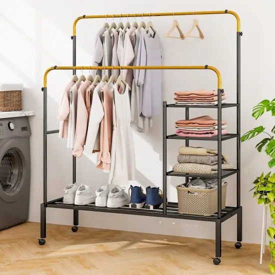 Adjustable Double Rod Clothes Drying Rack with 3-Tier Mesh Shelf Heavy Duty Steel Frame Golden {2}