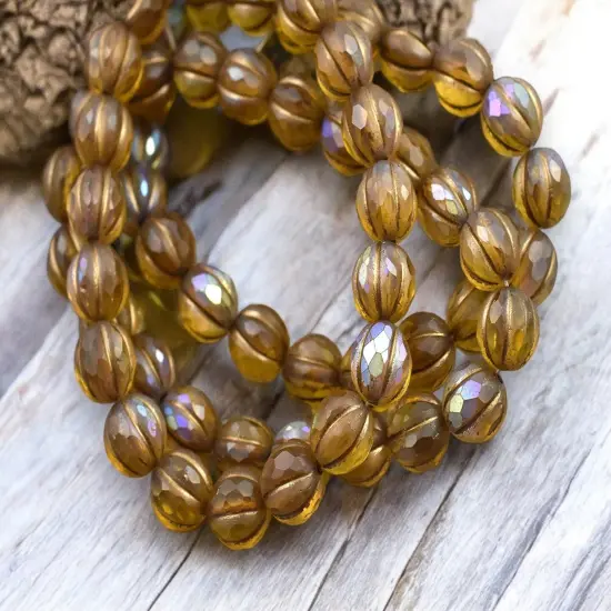 *20* 8mm Gold Washed Matte Root Beer Topaz AB Faceted Round Melon Beads {4}