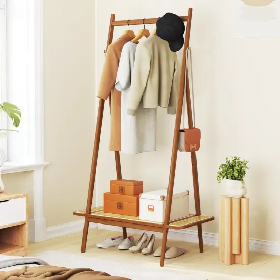 Wicker Clothes Rack with Hanging Rod Rattan Shelf and Copper Hooks Brown {2}