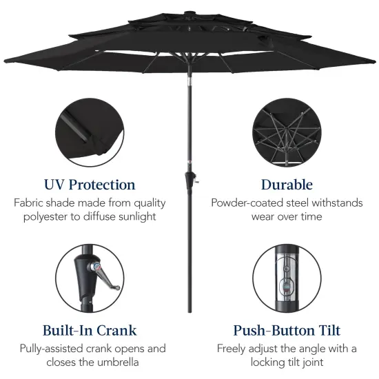 Best Choice Products 10ft 3-Tier Patio Umbrella, Market Sun Shade w/ Tilt Adjustment, Easy Crank Black {6}