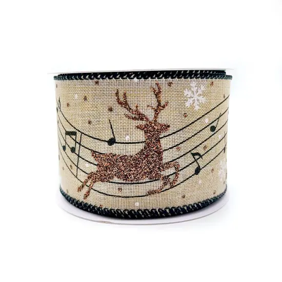 Designer&rsquo;s Shop Christmas Musical Glitter Reindeer wired edge ribbon WR 63-5173 2.5&rdquo; x 10 yards {1}