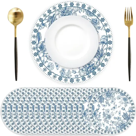 Paper Placemats Disposable 50 Pack Blue Floral Place Mats 13.7 Inch Chinoiserie Round Table Mats for Dinner Table Setting Birthday Wedding Party Supplies (Chinoiserie) {1}