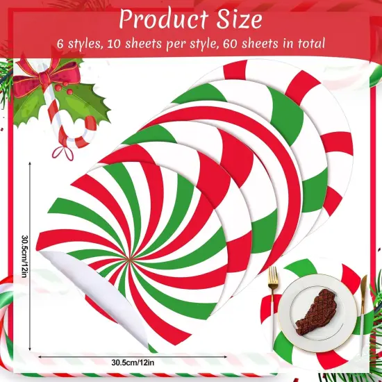 60 Pcs Disposable Christmas Candy Placemats 12 Inch Christmas Red Green Sweets Paper Round Placemats Table Mats Candy Canes for Xmas Party Home Decorations Kitchen Dining Table {2}