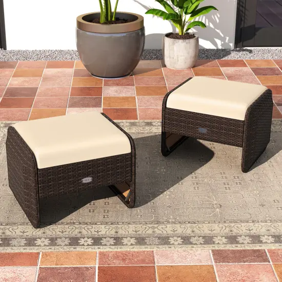 2 Pieces Patio Wicker Ottomans with Metal Frame and Removable Cushions Perfect for Outdoor Seating Brown {1}