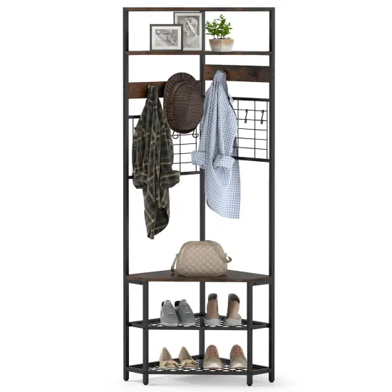 5-Tier Corner Hall Tree with Shoe Storage Bench Rustic Brown {4}
